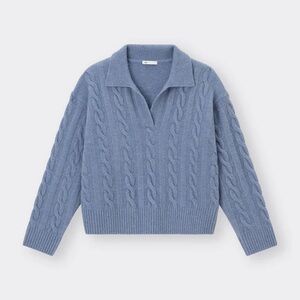 GU V-Neck Cable Knit Sweater, Blue, Size Large